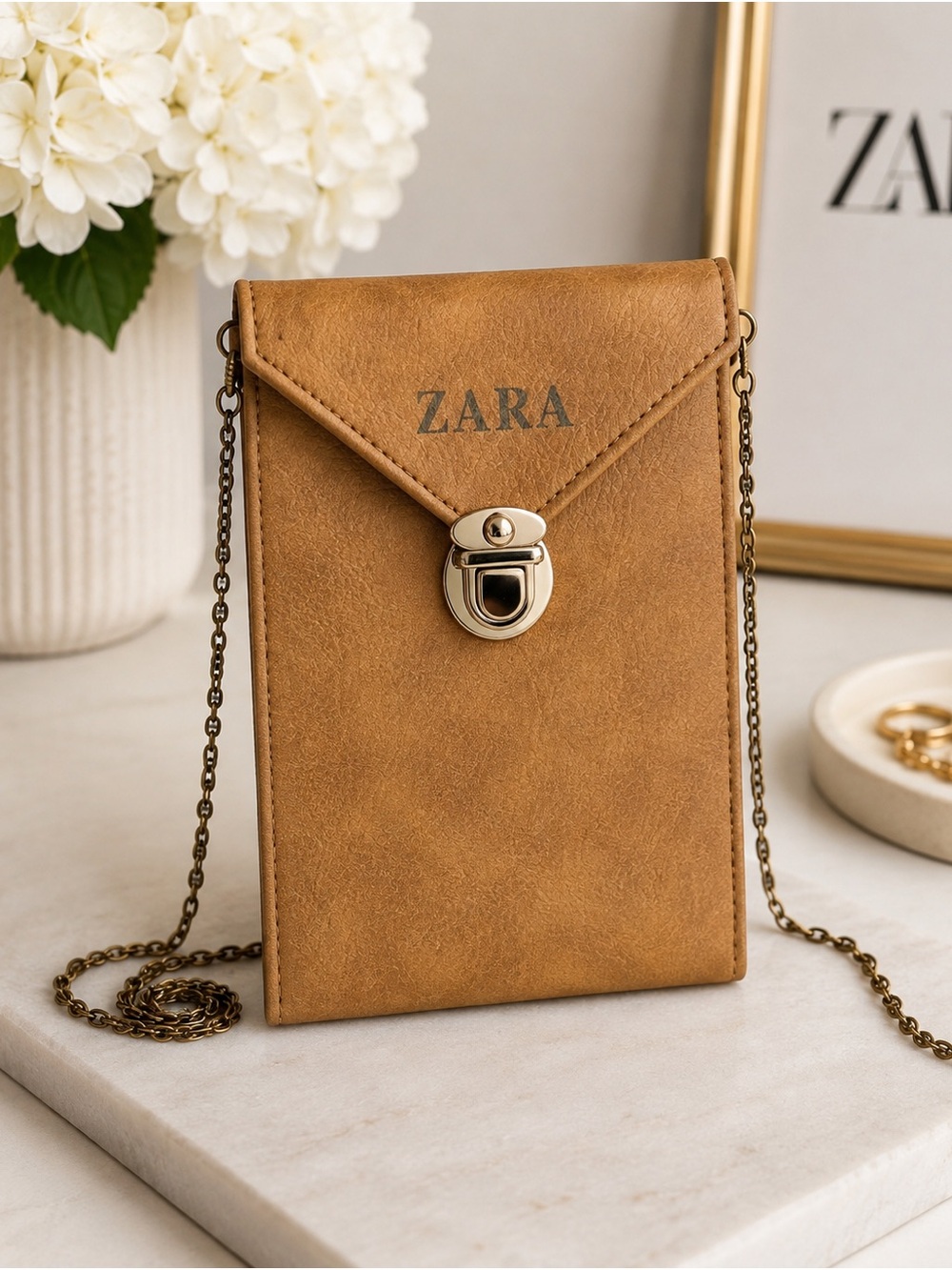 ZARA Brown Leather-Look Crossbody Phone Bag with Chain Strap